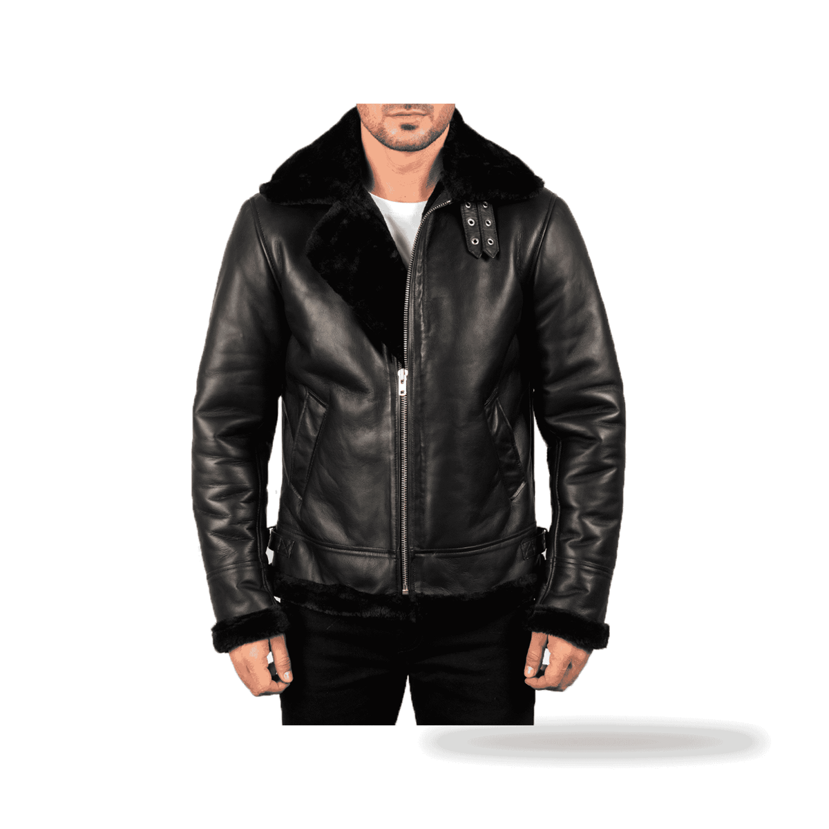 Men's Black Leather Jacket with Sheepskin Fur - ZOQ Leather