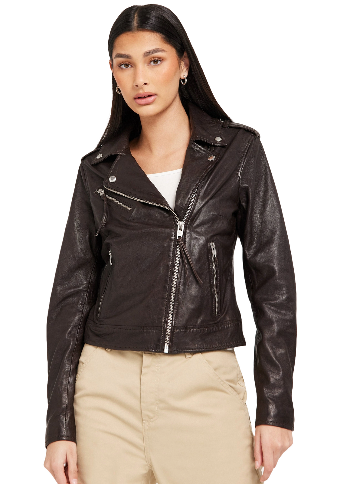 Saddle Brown Women's Biker Leather Jacket - ZOQ Leather