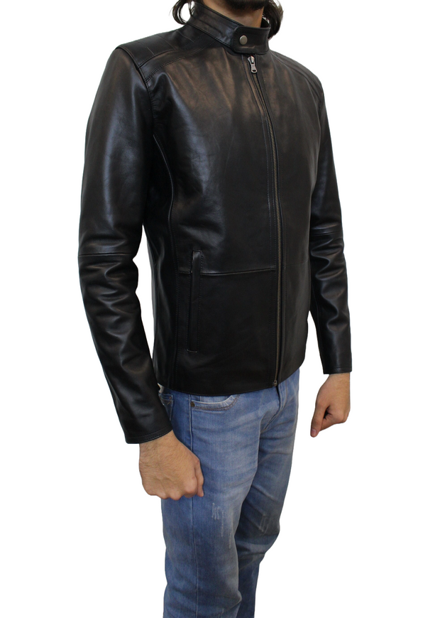 Sleek Black Cafe Racer Lambskin Leather Motorcycle Jacket for Men's Fashion - ZOQ Leather