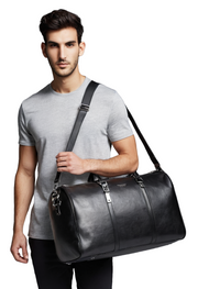Black Leather Gym Duffle Bag – Luxury Travel & Weekender Bag for Men & Women"