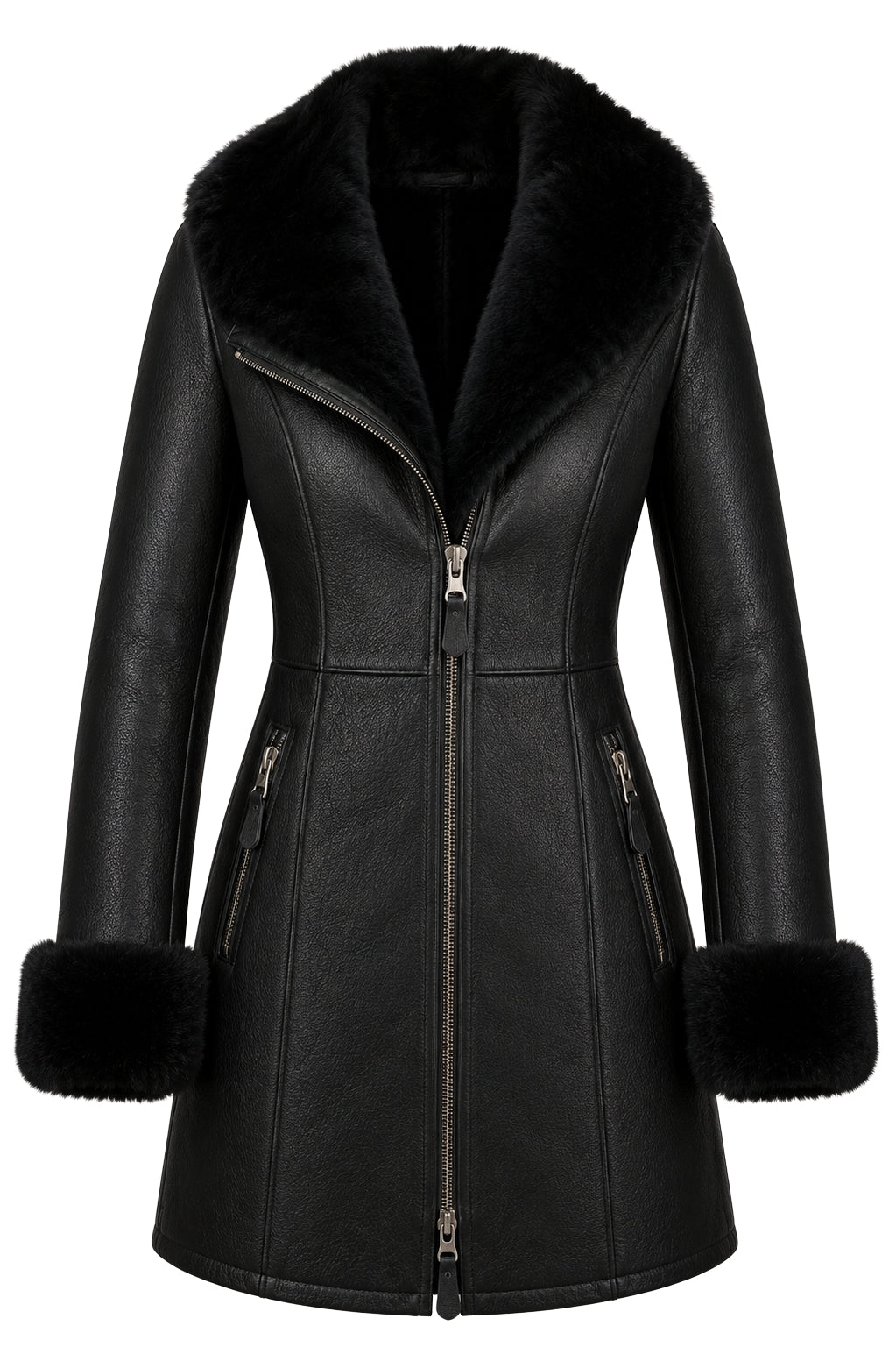 Astrid Premium Lambskin Long Coat with Shearling Fur - ZOQ Leather