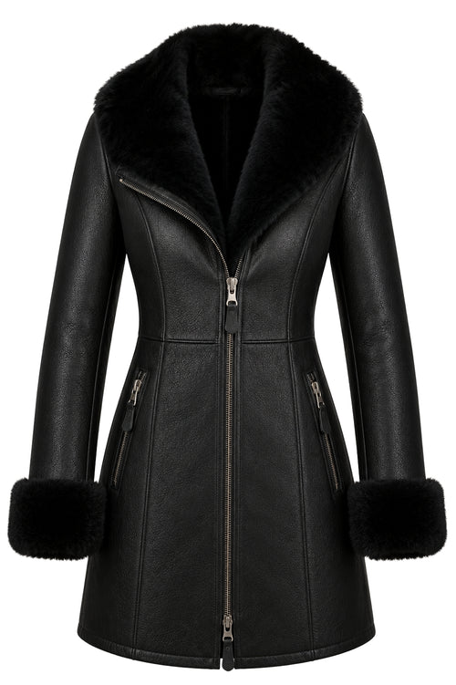 Astrid Premium Lambskin Long Coat with Shearling Fur - ZOQ Leather