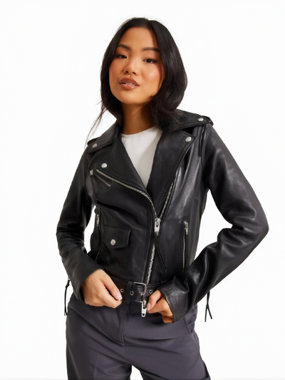 Women’s Black Sheepskin Biker Jacket | Short & Belted - ZOQ Leather