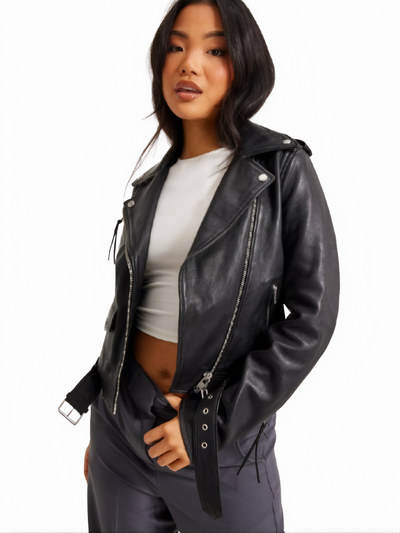 Women’s Black Sheepskin Biker Jacket | Short & Belted - ZOQ Leather