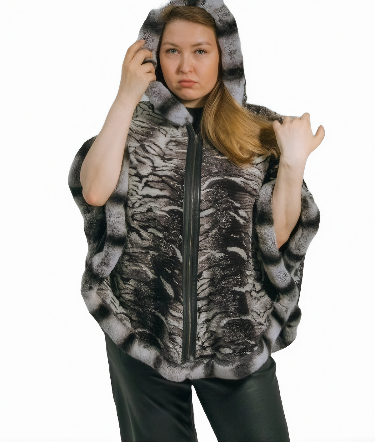 Reversible and Plus Size Leather Jacket Big Size Genuine Lamb Leather Pancho with Real Rex Rabbit - ZOQ Leather
