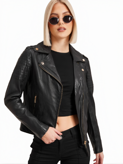 Women’s Black Lambskin Leather Moto Jacket | Short Fit - ZOQ Leather