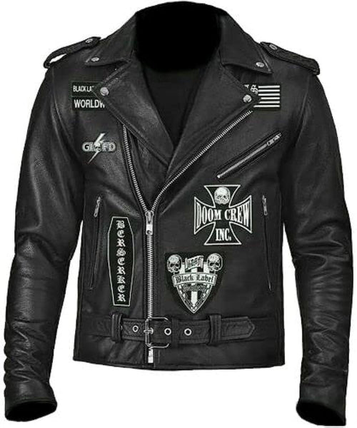 Men's Black Leather Biker Jacket with Doom Crew Inc Patches – Stylish & Durable Motorcycle Gear - ZOQ Leather