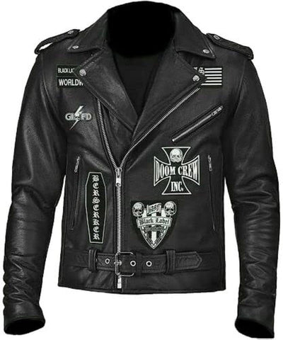 Men's Black Leather Biker Jacket with Doom Crew Inc Patches – Stylish & Durable Motorcycle Gear - ZOQ Leather