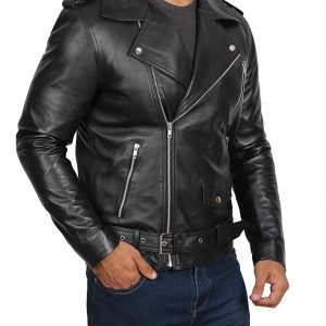 Men's Classic Black Leather Motorcycle Jacket – Timeless Biker Style with Belted Waist - ZOQ Leather