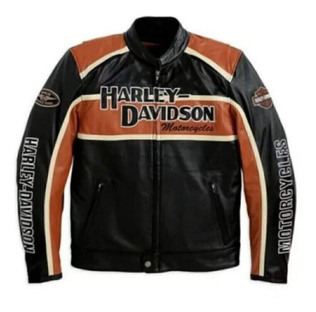 Harley-Davidson Retro Leather Jacket - Black and Orange Vintage Motorcycle Style - ZOQ Leather