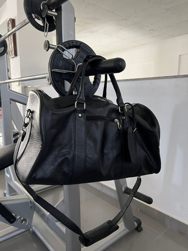 Black Leather Gym Duffle Bag – Luxury Travel & Weekender Bag for Men & Women"
