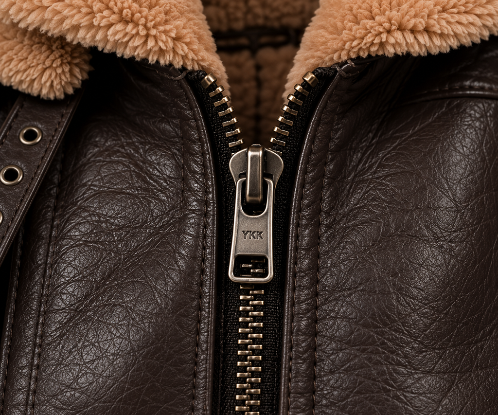 Men's Shearling Leather Aviator Jacket - zipper detail