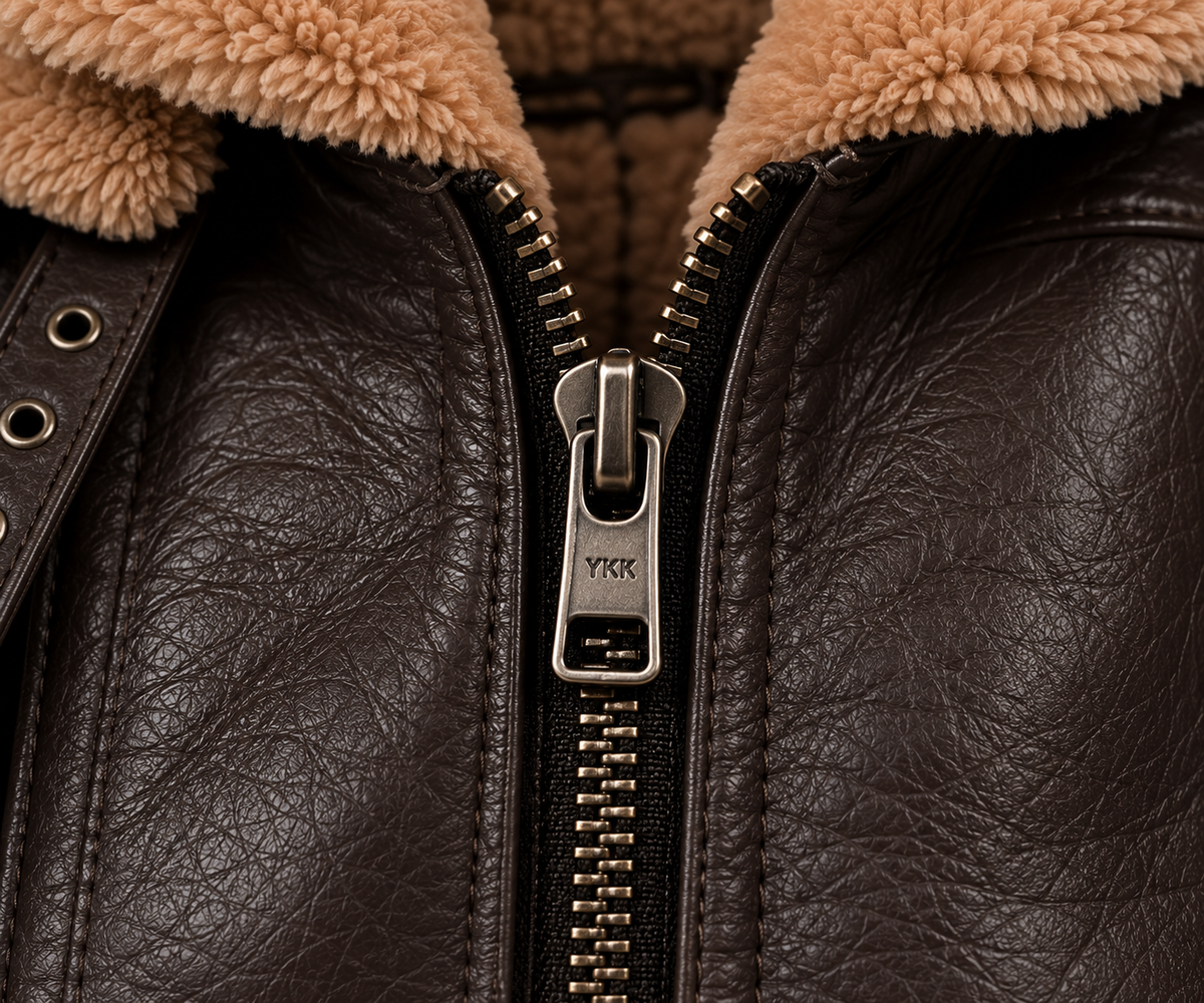 Men's Shearling Leather Aviator Jacket - zipper detail