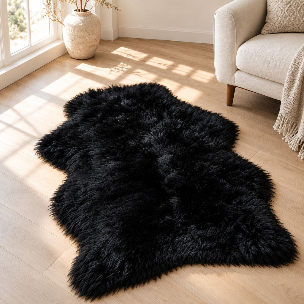 Black genuine lambskin fur floor mat styled in a sunlit living room
