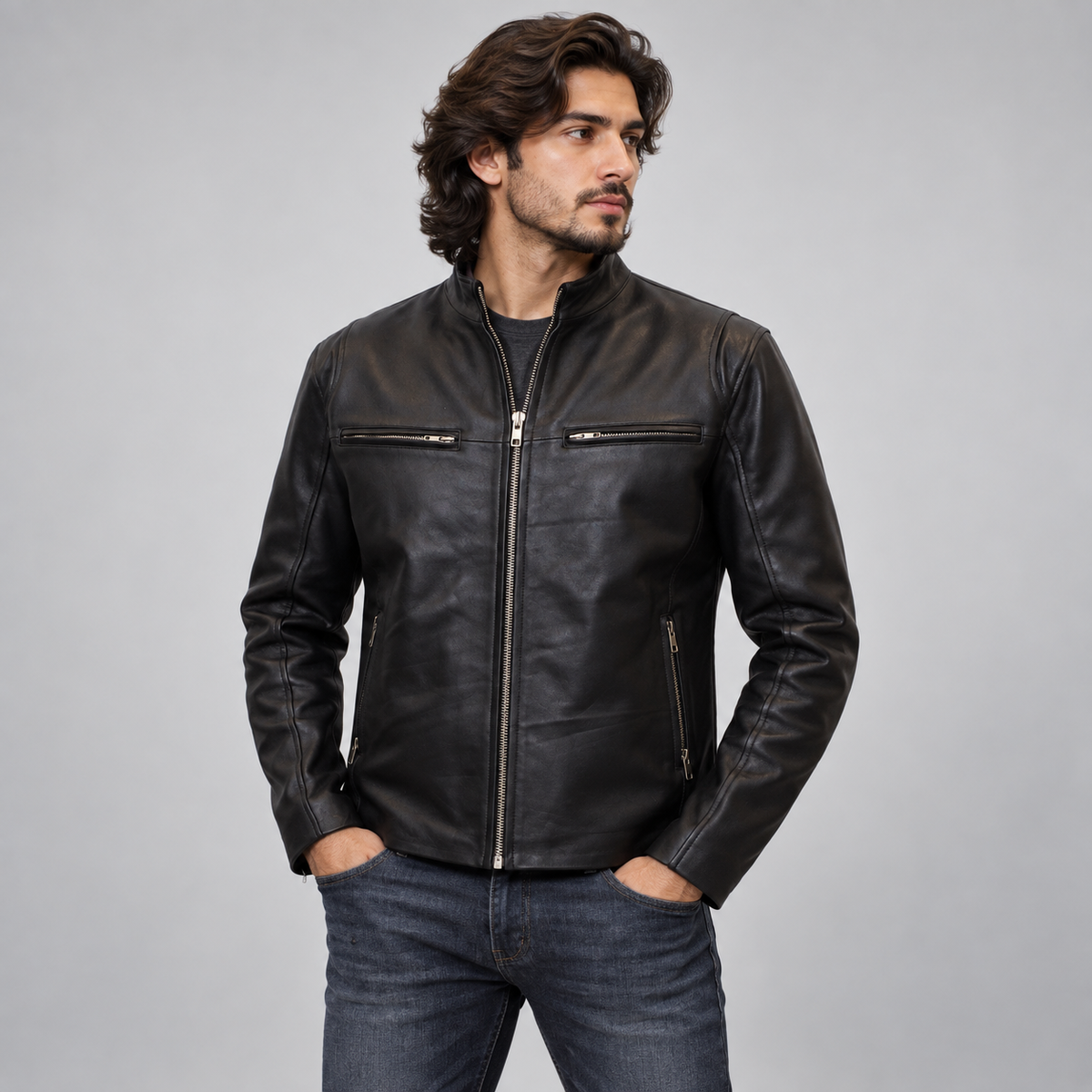 Man wearing black cafe racer leather jacket, front angle