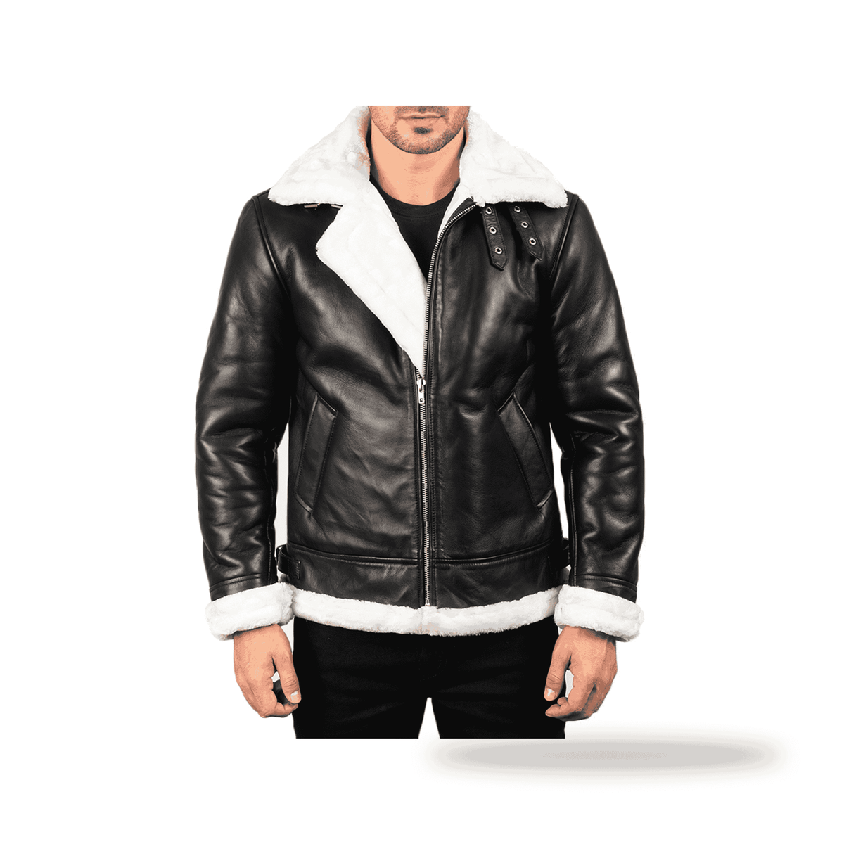 Men's Black Leather Jacket with Sheepskin Fur - ZOQ Leather