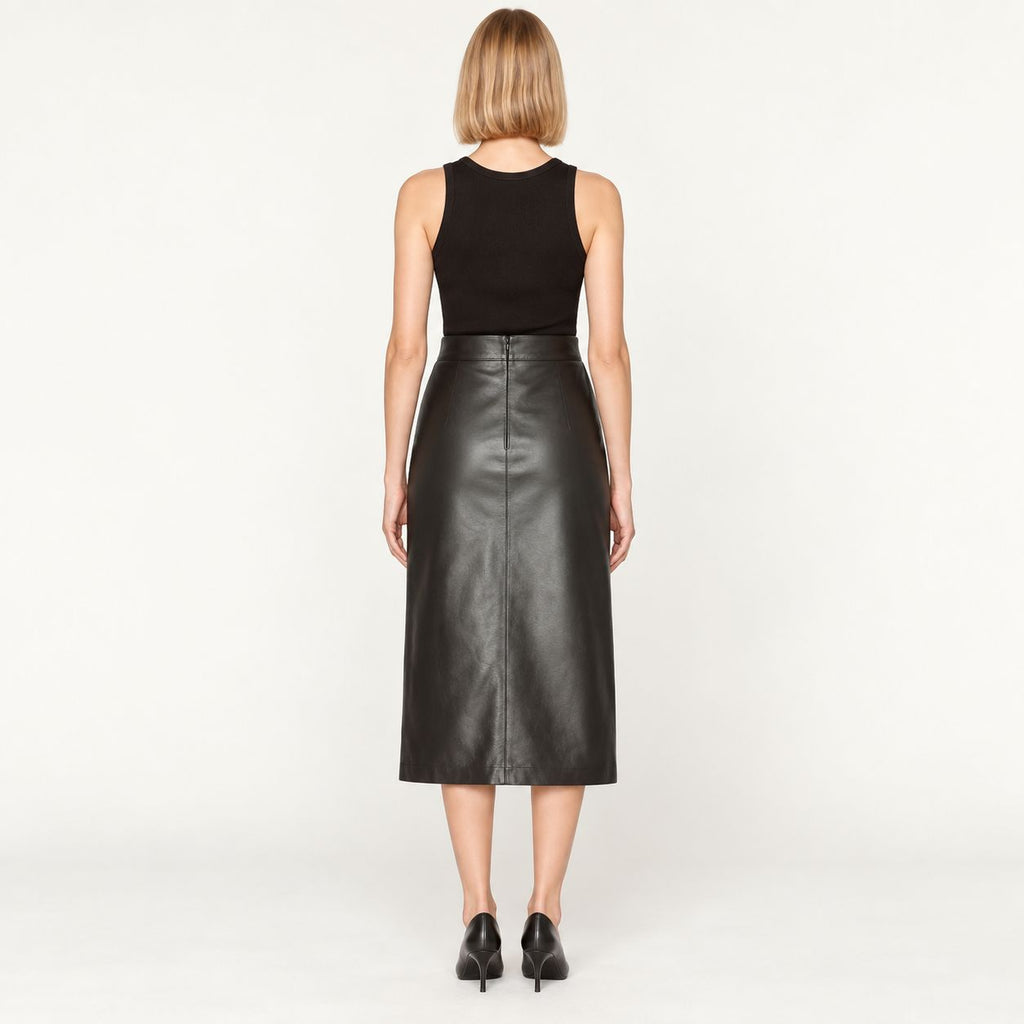 Back view of black leather midi skirt showing zip closure