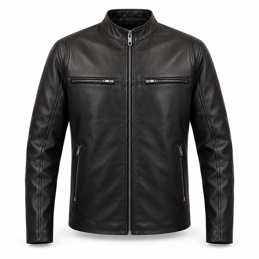 Men's classic black cafe racer leather jacket with front zip pockets, front view