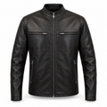 Men's classic black cafe racer leather jacket with front zip pockets, front view