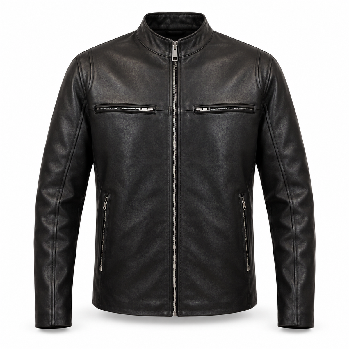 Men's classic black cafe racer leather jacket with front zip pockets, front view