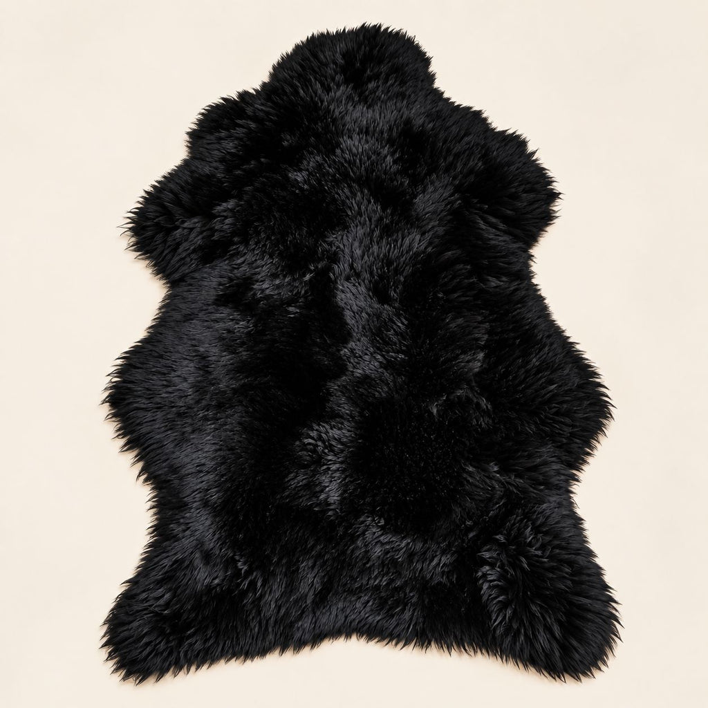Premium black lambskin fur floor mat, full shape, front view