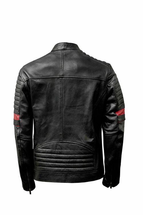Men’s Black Leather Biker Jacket with Red Stripes - ZOQ Leather