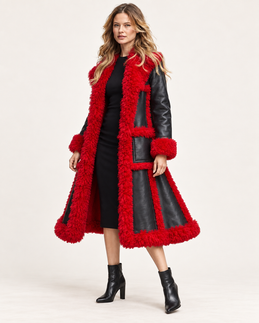 Red faux shearling trench coat, three-quarter angle view