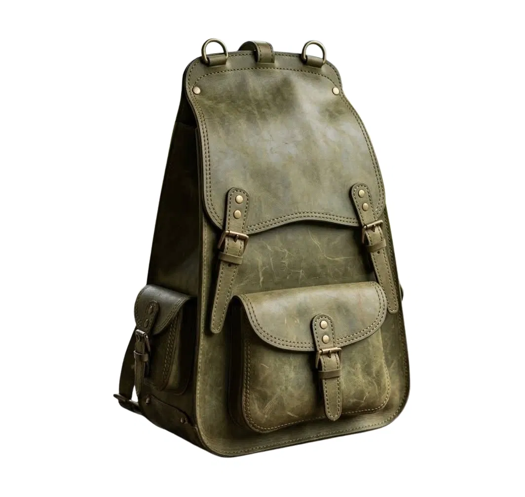 Olive green full-grain leather backpack, angled view
