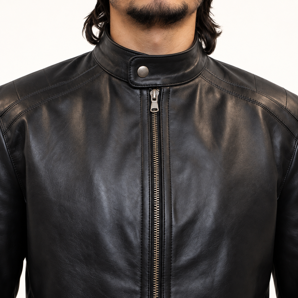 Close-up of collar, snap closure, and zipper on black leather biker jacket