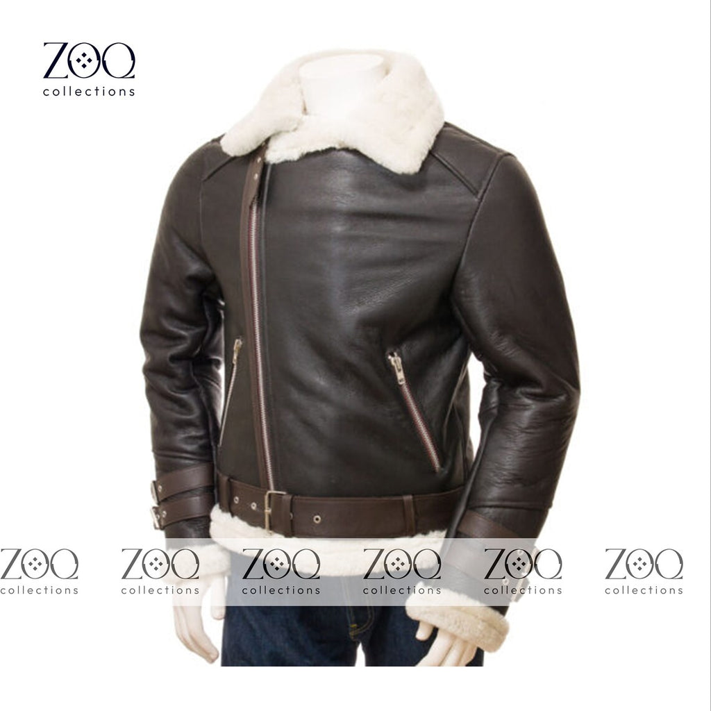 zoq collections Leather Jacket Men Bomber Aviator Distressed Sheepskin Shearling Fur Genuine Leather Jacket - ZOQ Leather
