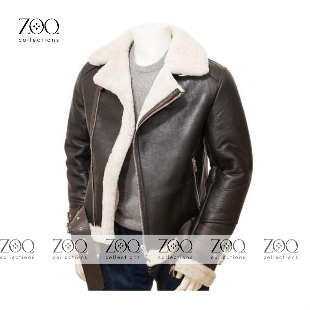 zoq collections Leather Jacket Men Bomber Aviator Distressed Sheepskin Shearling Fur Genuine Leather Jacket - ZOQ Leather