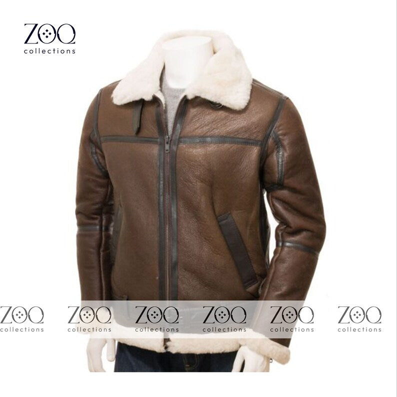 Zoq Collection Brown Leather Men's Shearling Fur Jacket | Handmade Pure Sheepskin Leather Jacket For Men - ZOQ Leather
