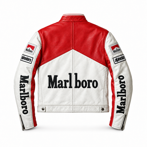 Red and white Marlboro MotoGP racing leather jacket back view - ZOQ Leather