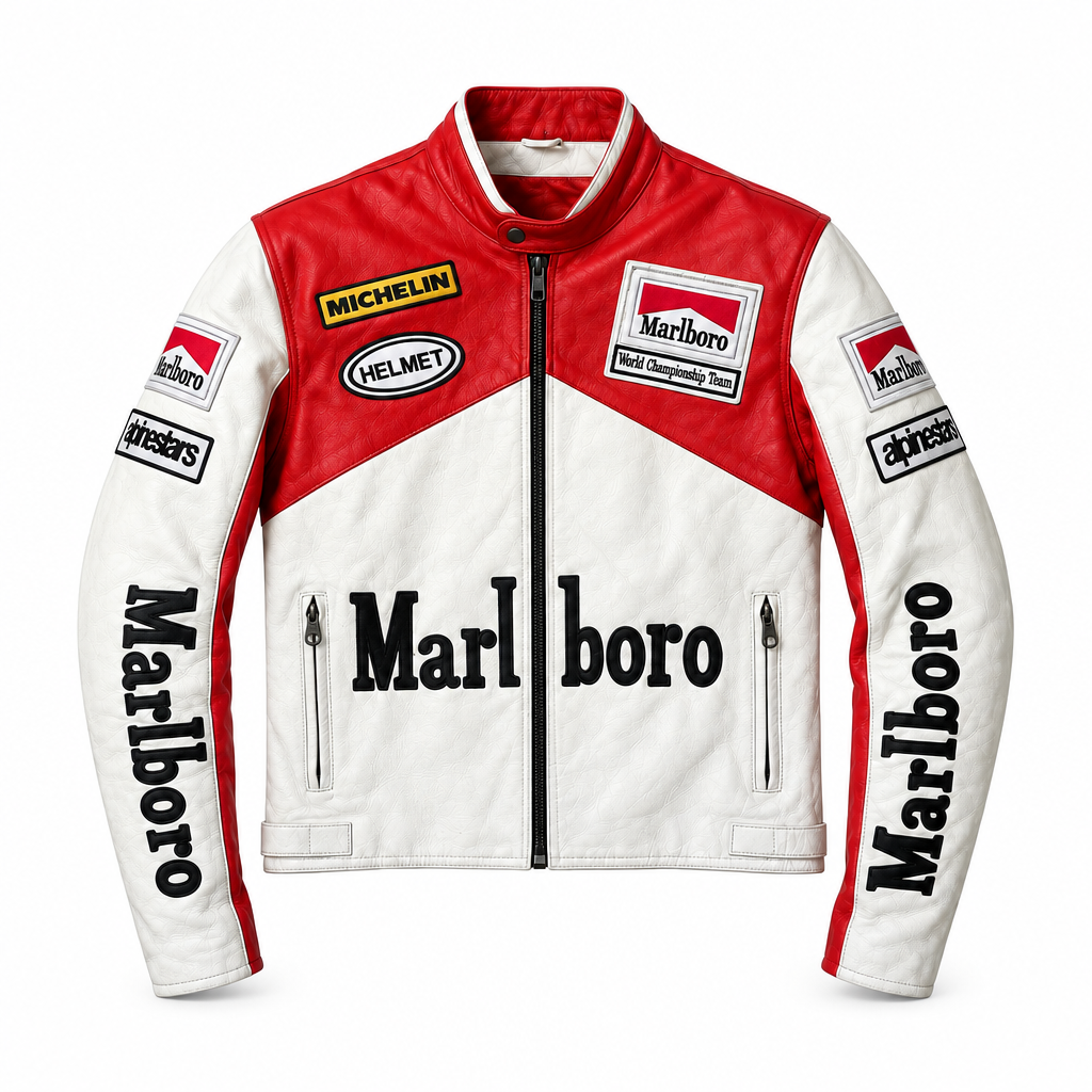 Red and white Marlboro MotoGP racing leather jacket front view - ZOQ Leather