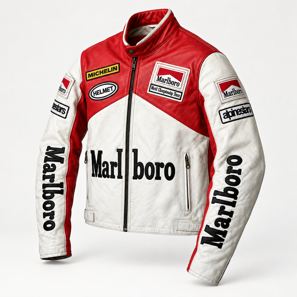 Red and white Marlboro MotoGP racing leather jacket angled view - ZOQ Leather