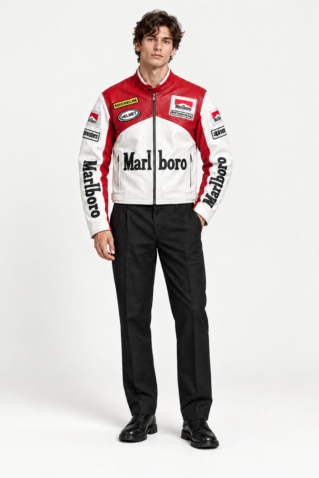 Model wearing red and white Marlboro MotoGP racing leather jacket - ZOQ Leather