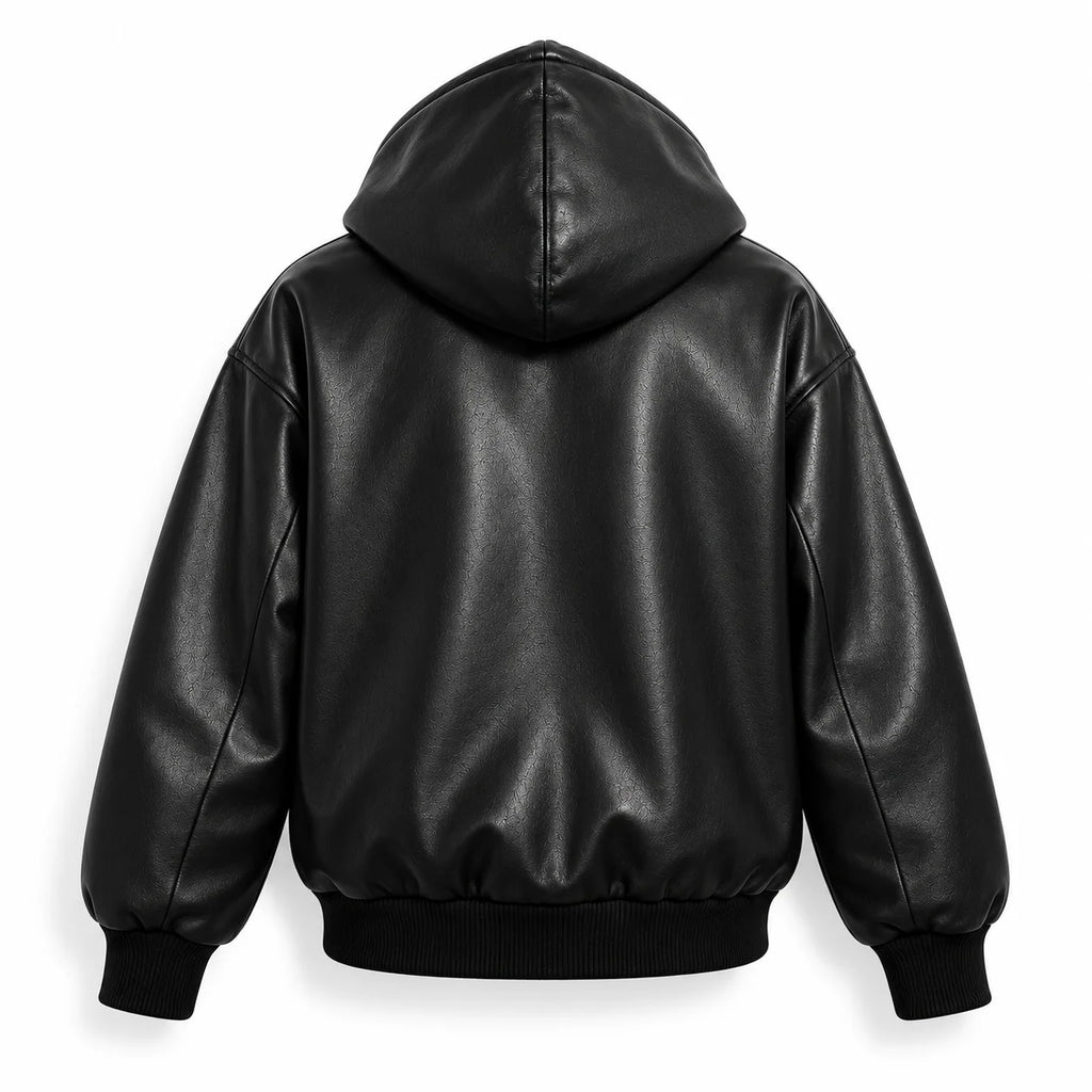 Men's Black Sheepskin Hooded Leather Bomber Jacket, back product shot - ZOQ Leather