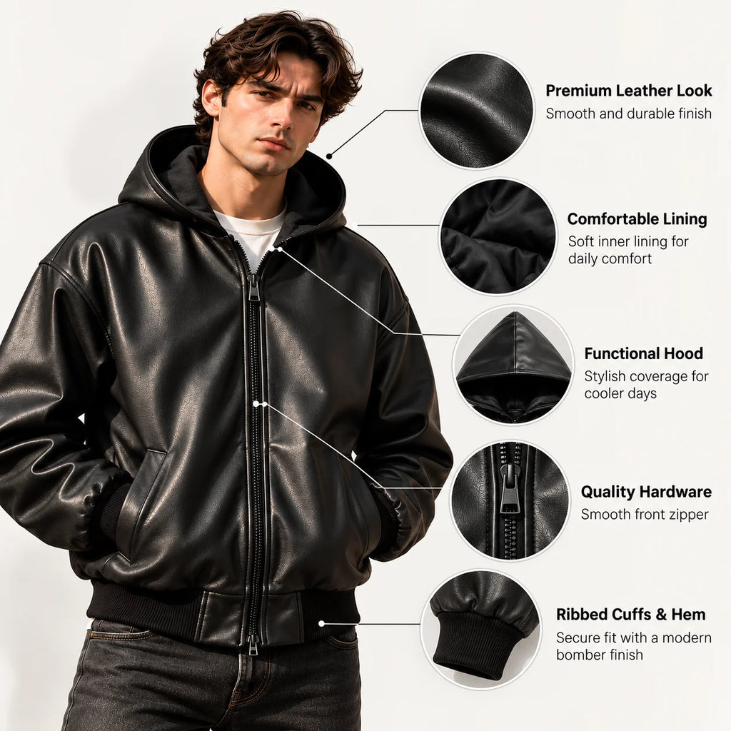 Men's Black Sheepskin Hooded Leather Bomber Jacket, feature highlights - ZOQ Leather