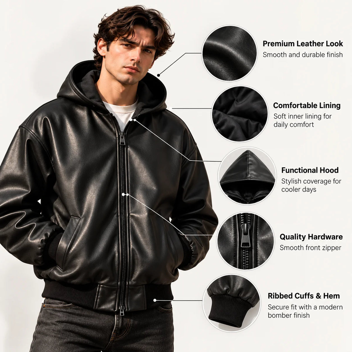 Men's Black Sheepskin Hooded Leather Bomber Jacket, feature highlights - ZOQ Leather