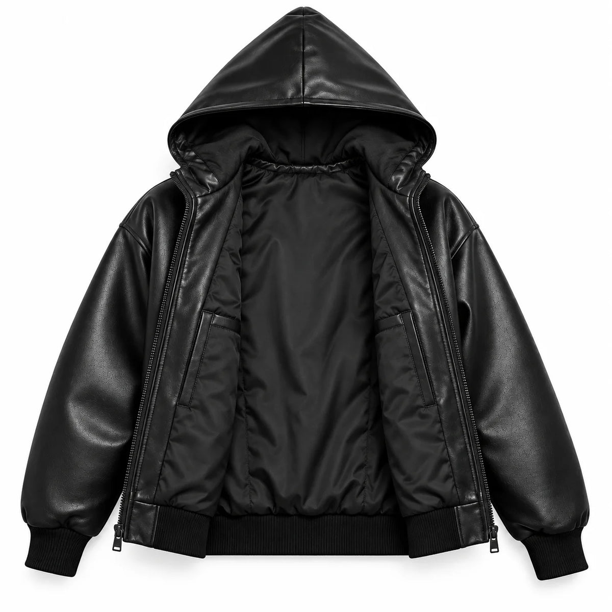 Men's Black Sheepskin Hooded Leather Bomber Jacket, worn front view - ZOQ Leather
