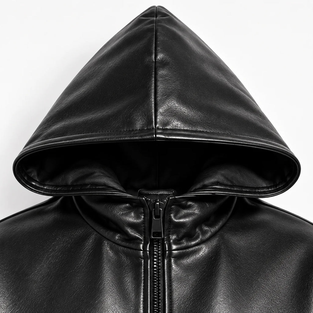 Men's Black Sheepskin Hooded Leather Bomber Jacket, hood close-up - ZOQ Leather