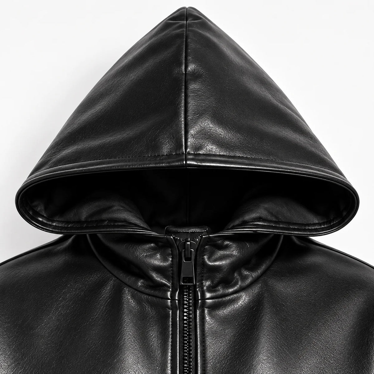 Men's Black Sheepskin Hooded Leather Bomber Jacket, hood close-up - ZOQ Leather