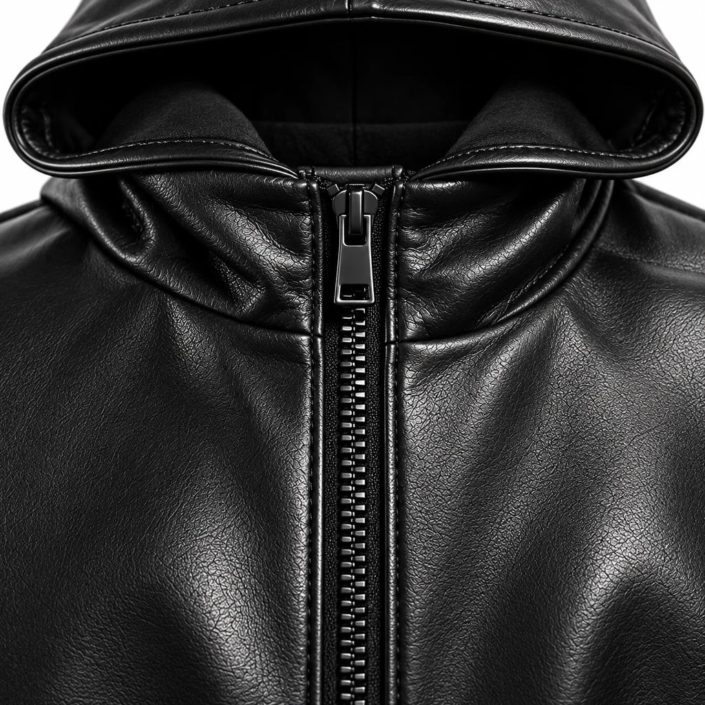 Men's Black Sheepskin Hooded Leather Bomber Jacket, hood and zipper detail - ZOQ Leather
