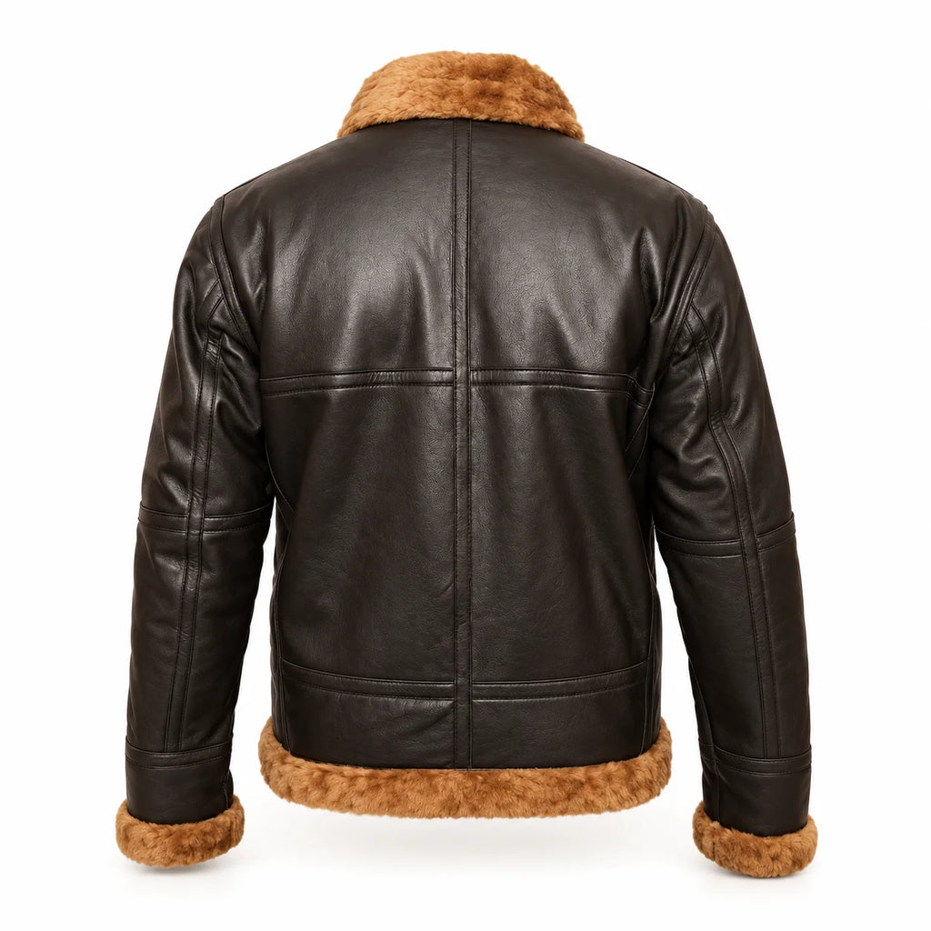 Men's Shearling Aviator Jacket with Fur Collar, back product shot - ZOQ Leather