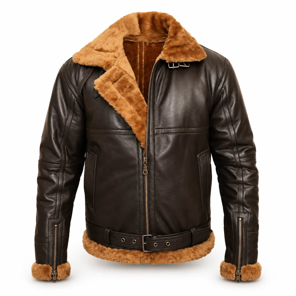 Men's Shearling Aviator Jacket with Fur Collar, front product shot - ZOQ Leather
