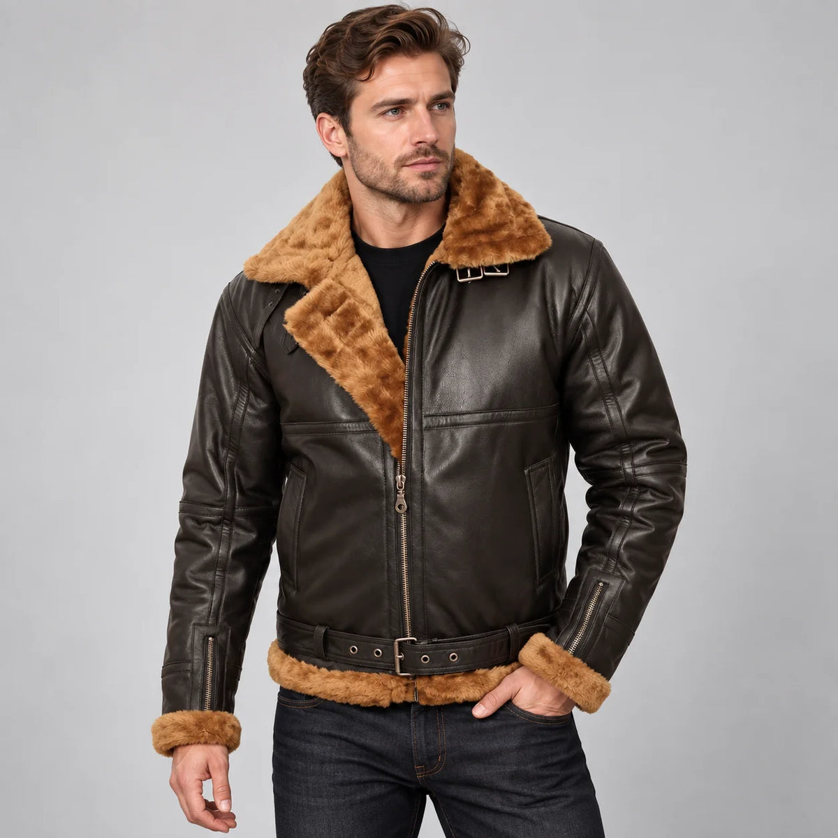 Men's Shearling Aviator Jacket with Fur Collar, worn front view - ZOQ Leather