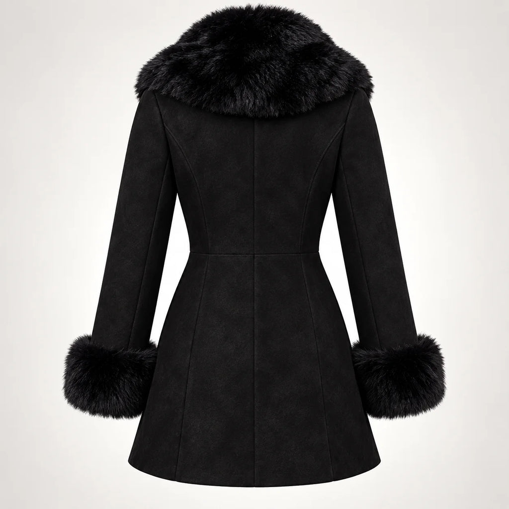 Women's Black Suede Shearling Coat with Fur Collar, back product shot - ZOQ Leather