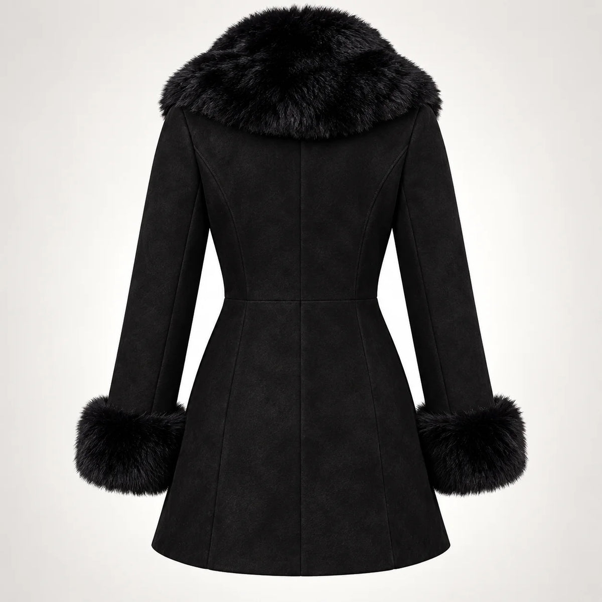 Women's Black Suede Shearling Coat with Fur Collar, back product shot - ZOQ Leather