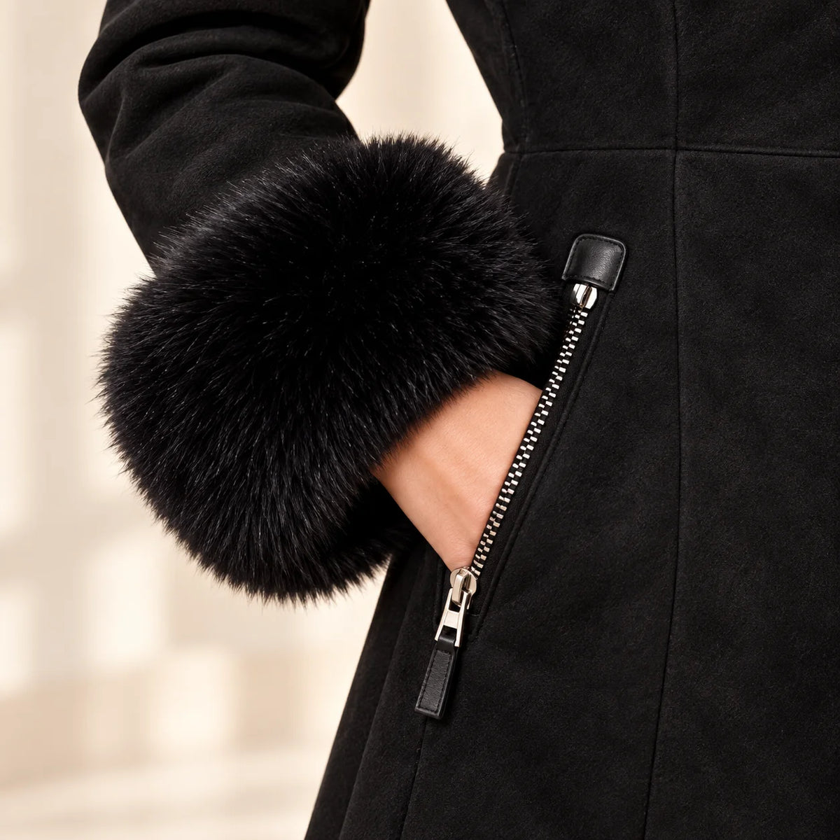 Women's Black Suede Shearling Coat with Fur Collar, fur cuff and pocket detail - ZOQ Leather
