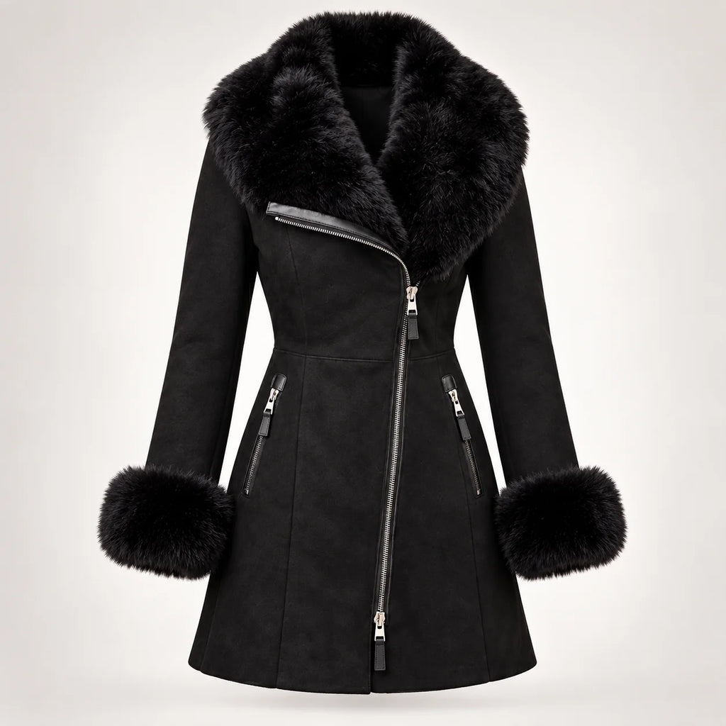 Women's Black Suede Shearling Coat with Fur Collar, front product shot - ZOQ Leather